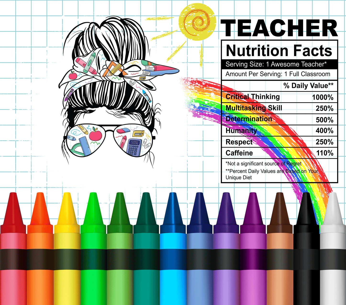 20 oz Stainless Steel Tumbler With That Iconic Gal Wearing Sunglasses With Crayons Along The Bottom Edge And A Fun Nutritional Chart On Being A Teacher.  Stainless Steel Double-Wall   Vacuum Insulated  Clear Sliding Classic Lid   Clear Straw  BPA FREE  Stays Cold 24+ hours & Warm 8 hours