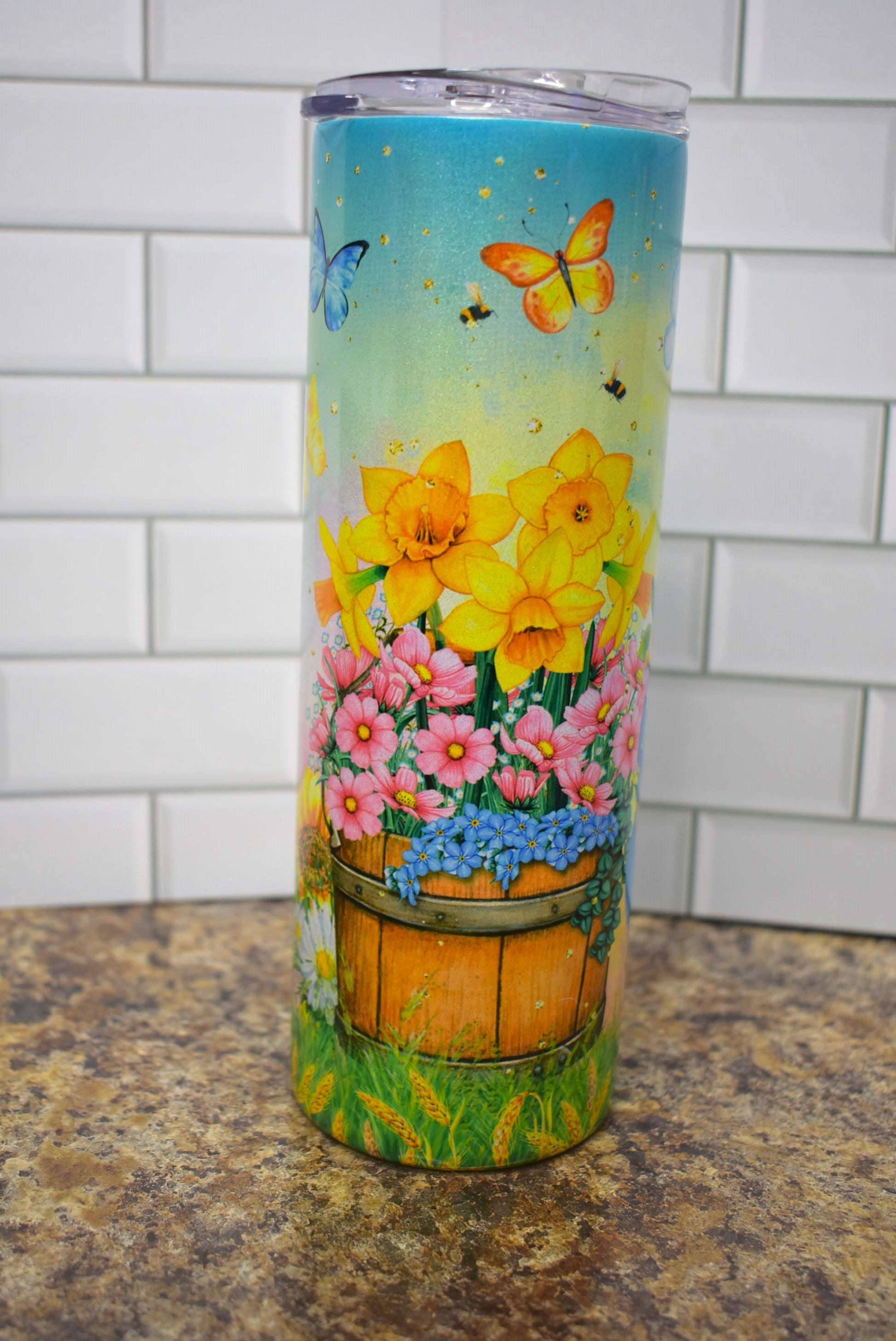 20 oz Stainless Steel Tumbler With A Cute Gnome Holding A Watering Can 