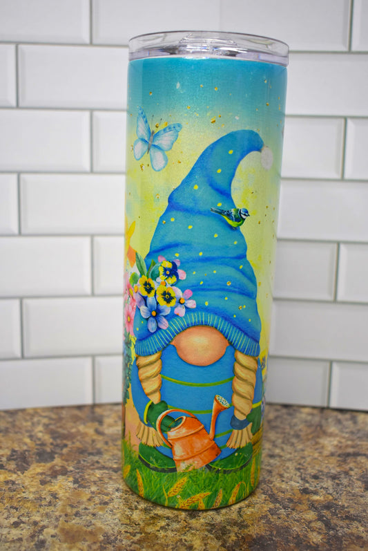 20 oz Stainless Steel Tumbler With A Cute Gnome Holding A Watering Can 