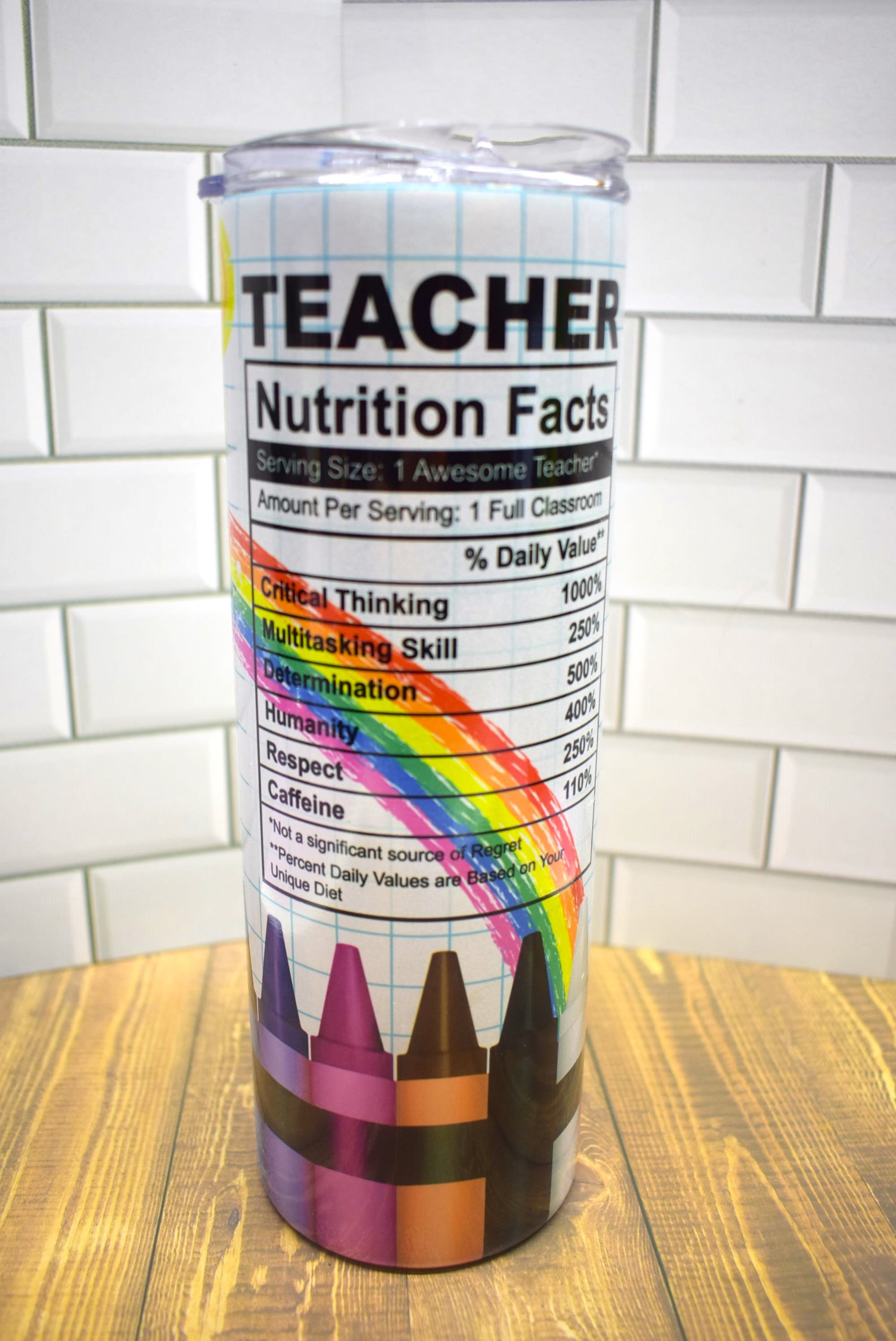 20 oz Stainless Steel Tumbler With That Iconic Gal Wearing Sunglasses With Crayons Along The Bottom Edge And A Fun Nutritional Chart On Being A Teacher. Stainless Steel Double-Wall Vacuum Insulated Clear Sliding Classic Lid Clear Straw BPA FREE Stays Cold 24+ hours & Warm 8 hours