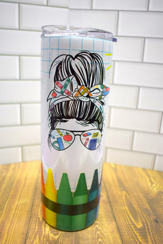 20 oz Stainless Steel Tumbler With That Iconic Gal Wearing Sunglasses With Crayons Along The Bottom Edge And A Fun Nutritional Chart On Being A Teacher. Stainless Steel Double-Wall Vacuum Insulated Clear Sliding Classic Lid Clear Straw BPA FREE Stays Cold 24+ hours & Warm 8 hours