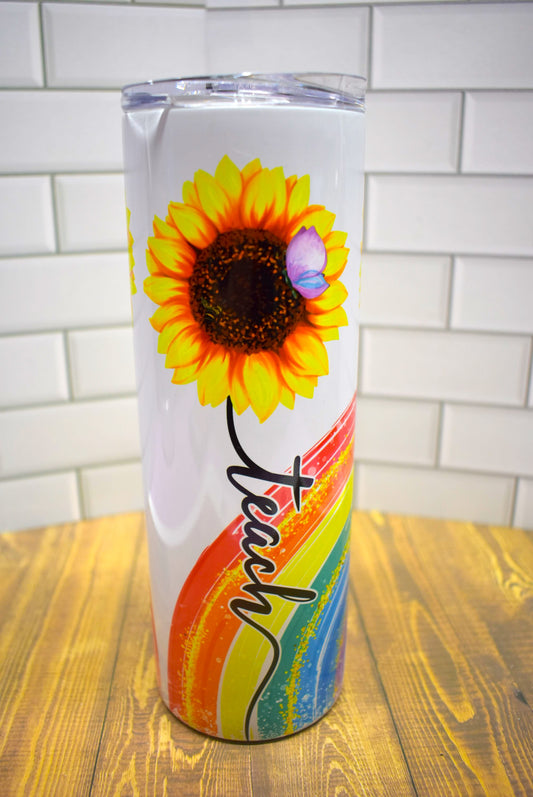 20 oz Stainless Steel Tumbler With Sunflowers And The Words Teach Love Inspire Stainless Steel Double-Wall Vacuum Insulated Clear Sliding Classic Lid Clear Straw BPA FREE Stays Cold 24+ hours & Warm 8 hours